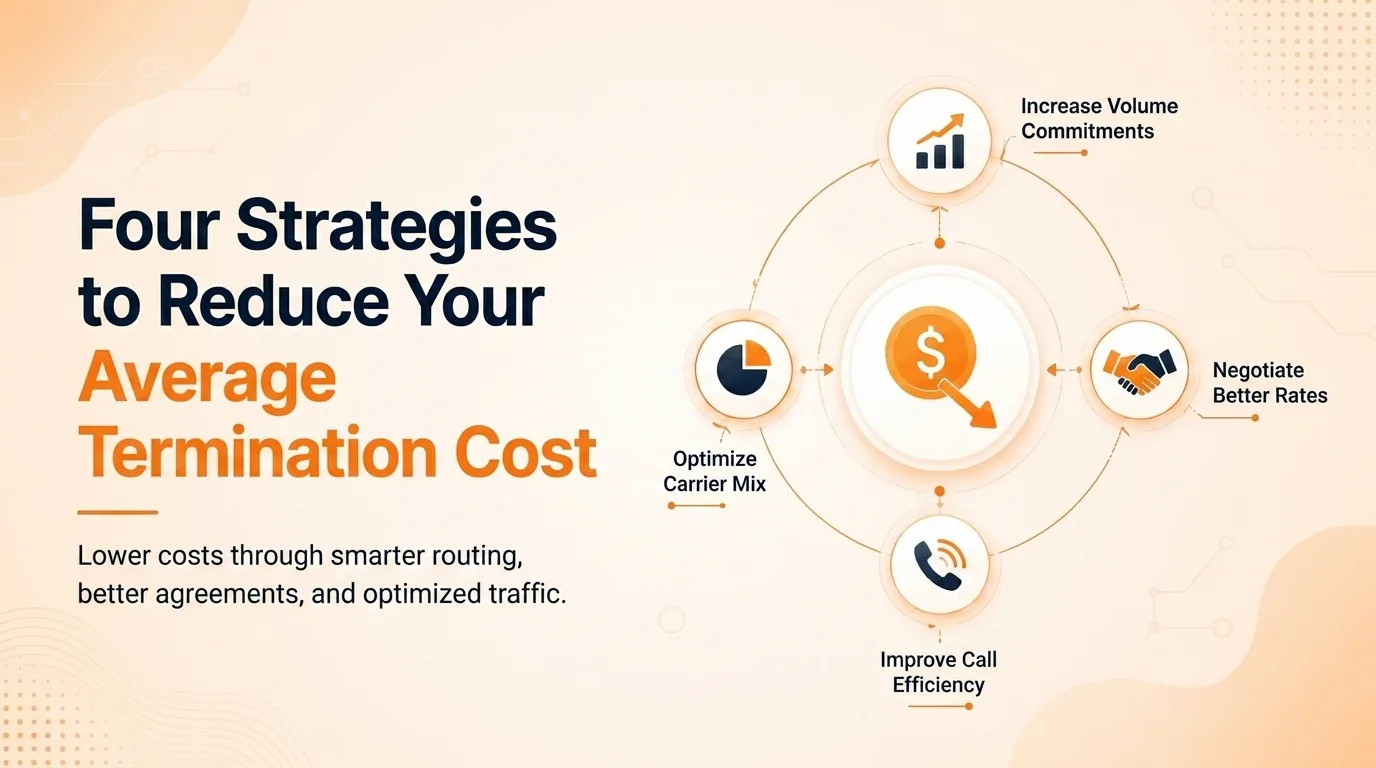 Four strategies to reduce your average wholesale VoIP termination cost: optimize carrier mix, increase volume commitments, negotiate better rates, improve call efficiency
