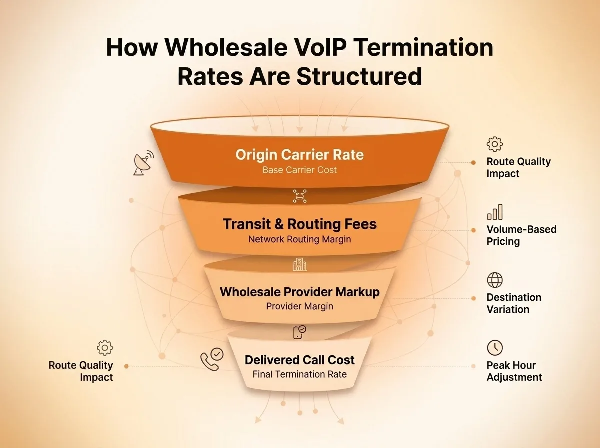 How wholesale VoIP termination rates are structured, from origin carrier rate through transit fees and provider markup to delivered call cost