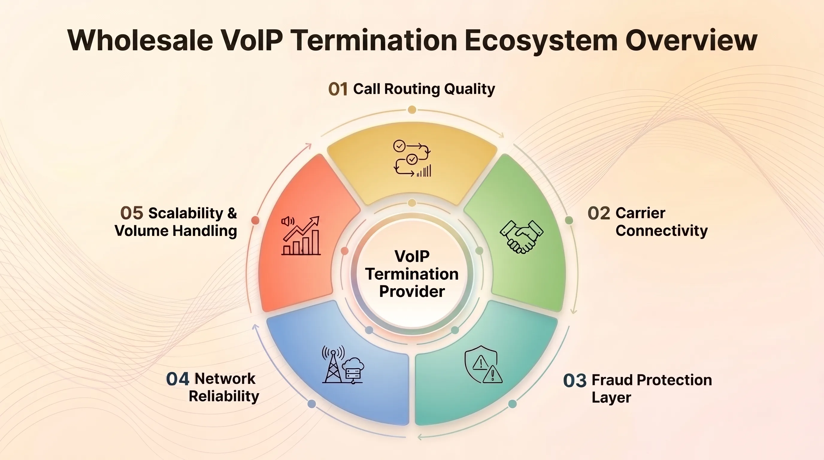 Wholesale VoIP termination ecosystem overview showing call routing quality, carrier connectivity, fraud protection, network reliability, and scalability